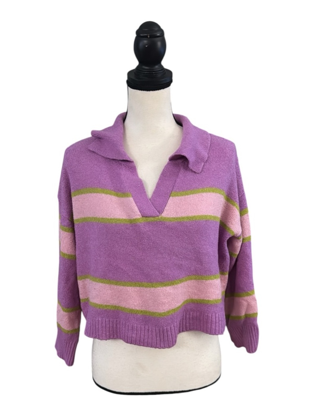 wild fable Purple, Pink & Olive Striped V-Neck Collared Sweater